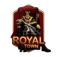 a man in a crown is sitting on a throne with the words royal town below him