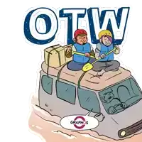 a cartoon of a man and a woman on top of a van with the word otw above them