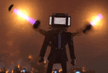 a man in a suit with a tv on his head is holding two purple lights