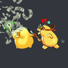 a cartoon drawing of two ducks with a dollar sign on their backs