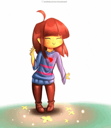 a drawing of a girl with red hair and a blue shirt with a heart on it