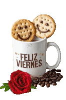 a white mug with feliz viernes written on it next to a red rose