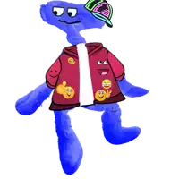 a blue stuffed animal wearing a red jacket with smiley faces on the sleeves