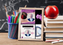 a framed picture of richard blank sits on a desk