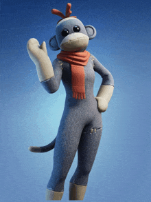 a sock monkey with a scarf around his neck