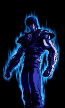 a drawing of a man with blue flames surrounding him