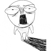 a black and white drawing of a cartoon character with a surprised face and a shocked look on his face .