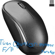 a black computer mouse with the words tüm oyunlari oynatir f / p written on it