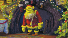 shrek dressed as santa claus stands in front of a tree