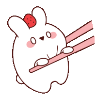 a cartoon rabbit with a strawberry on its head is holding chopsticks