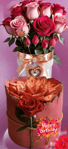 a bouquet of pink roses sits on top of a pink box that says " happy birthday "