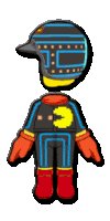 a cartoon character with a pac man costume and a helmet on his head .