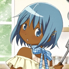 a girl with blue hair is holding a spatula in her hand