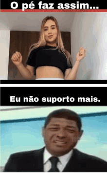 a woman in a crop top and a man in a suit with a caption that says " eu não suporto mais "