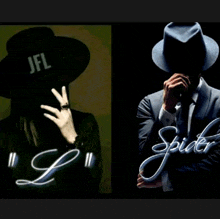 a man in a hat with jfl written on it stands next to a man in a suit