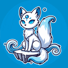 a cartoon drawing of a white fox with blue eyes and a blue tail