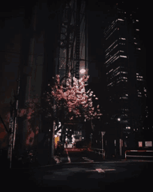 a tree with pink flowers is in the middle of a city street at night