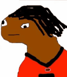 a cartoon drawing of a man with dreadlocks wearing a red shirt .