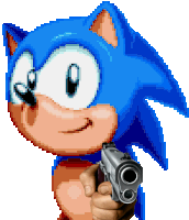 a pixel art of sonic the hedgehog pointing a gun at the camera