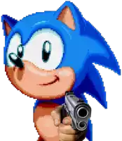 a pixel art of sonic the hedgehog pointing a gun at the camera