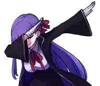 a girl with purple hair is doing a dab with her arms outstretched