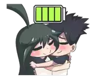 a cartoon of a boy and a girl hugging with a green battery behind them