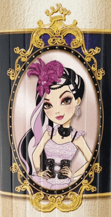 a picture of a girl with a purple flower in her hair in a gold frame