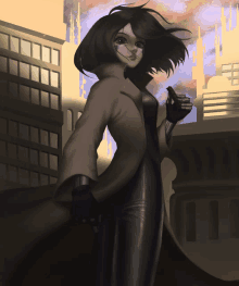 a woman in a trench coat stands in front of a city skyline