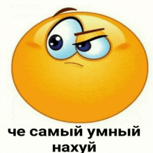 a yellow smiley face with a big blue eye and the words " che самый умный нахуй " on the bottom