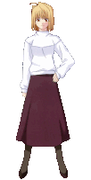 a girl with blonde hair is wearing a white sweater and a purple skirt