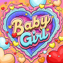 the word baby girl is surrounded by hearts in a heart shaped frame