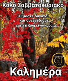 a picture of trees with red leaves and the words " καλημερα " on it