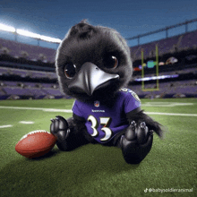 a baby ravens mascot is sitting on a field with a football