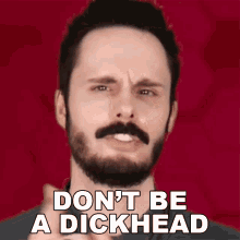 a man with a beard and mustache says " don t be a dickhead "