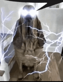 a dog is surrounded by lightning bolts and looks like a ghost