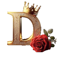 a gold letter d with a crown and a rose