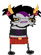 a cartoon character with horns and glasses is wearing plaid shorts and a black shirt .