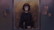 a drawing of a girl with a knife standing in front of a wall with sticky notes hanging on it