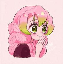 a drawing of a girl with pink hair and green eyes with a hand on her mouth