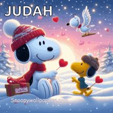 a picture of snoopy and woodstock with the name judah at the top