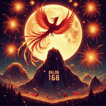 a painting of a phoenix flying over a mountain with the number 168 on the bottom