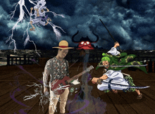 a man in a straw hat is playing a guitar in front of a samurai