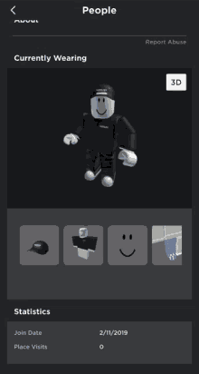 a screenshot of a roblox app showing people currently wearing and statistics