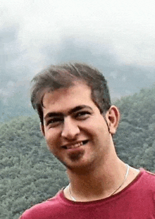 a young man in a red shirt is smiling for the camera .