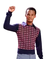 a man in a plaid sweater holds his fist up