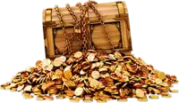 a treasure chest is surrounded by a pile of gold coins with a dollar sign on them