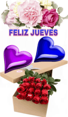 a card that says feliz jueves with a box of red roses