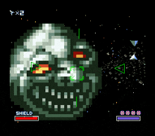 a video game screen shows a skull and the words shield on the bottom