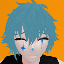 a blue haired anime character with a blue star on his face