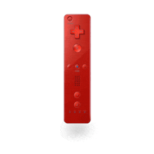 a red nintendo wii remote with a red cross button